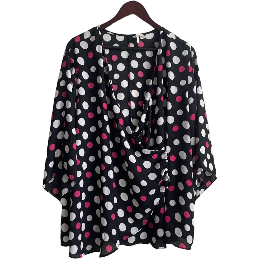 Cato Women Retro Rockabilly Draped Blouse 18/20W Black Polka Dot Pearl Accent